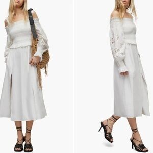 ALLSAINTS Launa Broderie Smocked Off The Shoulder Midi Dress
